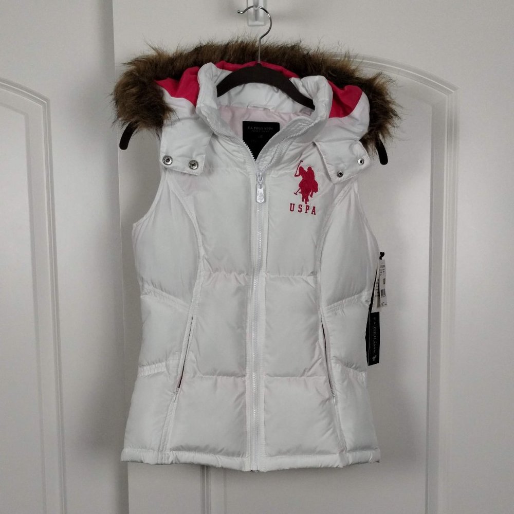 New US Polo Assn Puffer Vest USPA White Faux Fur Trim Hooded Vest, Size S